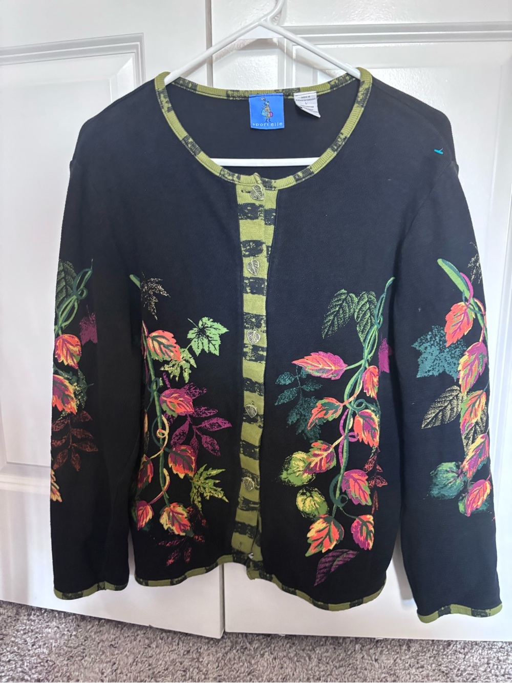 Sportelle Black Cardigan with Neon Floral Print and Green Trim